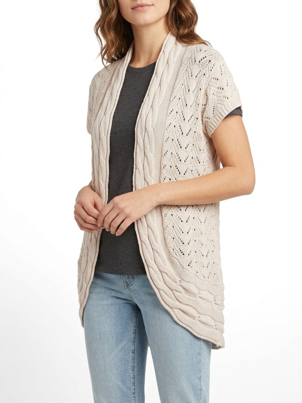 SO Cream Open-Front Short Sleeve Cable & Eyelet Cardigan